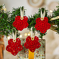 Crocheted ornaments, 'Red Sensations' (set of 4) - Set of 4 Red Crocheted Ornaments with Plastic Buttons