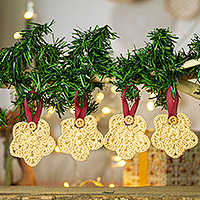 Crocheted ornaments, 'Beige Sensations' (set of 4) - Set of 4 Beige Crocheted Ornaments with Plastic Buttons