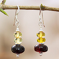 Amber dangle earrings, 'Stylish Courage' - Sterling Silver Dangle Earrings with Natural Amber Stones