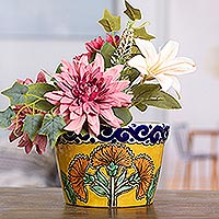 Ceramic flower pot, 'Talavera Petals' - Handcrafted Talavera Ceramic Flower Pot in Yellow