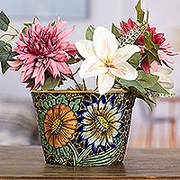 Ceramic flower pot, 'Flourishing Festival' - Handcrafted Talavera Ceramic Flower Pot in Green and Blue