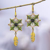 Gold-plated dangle earrings, 'Olive Feather' - 18k Gold-Plated Dangle Earrings with Olive Geometric Design