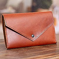 Leather trifold wallet, 'Sophisticated Mahogany' - Mahogany Leather Trifold Wallet with Button Closure