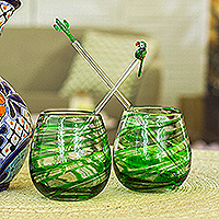 Handblown stemless wine glasses, 'Forest Whirlpool' (set of 2) - Set of 2 Green Handblown Eco-Friendly Stemless Wine Glasses
