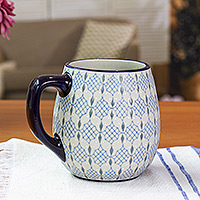 Ceramic mug, 'Web in Blue' - Mexican Talavera-Style Ceramic Mug Hand-Painted in Blue