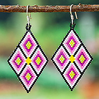 Glass beaded dangle earrings, 'Pink Deity' - Handcrafted Geometric Glass Beaded Pink Dangle Earrings