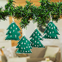 Felt ornaments, 'Christmas is Here' (set of 4) - 4 Pine Tree Felt Ornaments Crafted and Embroidered by Hand