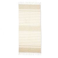 Cotton beach towel, 'Beige Breeze' - Beige Cotton Beach Towel with Fringes Handloomed in Mexico