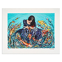 Giclee print on canvas, 'Aquatic Weaver' by Laura Villanueva - Signed Stretched Surrealist Giclee Print of a Woman and Fish