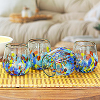 Handblown stemless wine glasses, 'Confetti Festival' (set of 4) - Set of 4 Vibrant Handblown Stemless Wine Glasses from Mexico