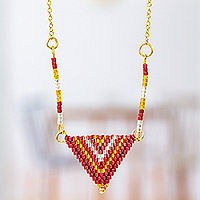 Gold-plated glass beaded pendant necklace, 'Crimson Paths' - 18k Gold-Plated Traditional Glass Beaded Pendant Necklace
