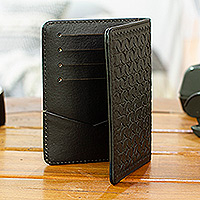 Leather passport holder, 'Onyx Traveler' - Patterned Black Leather Passport Holder Crafted in Mexico