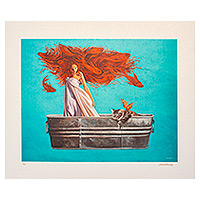 Giclee print on canvas, 'Mermaid Promenade' - Signed Surrealist Giclee Print of a Woman and Kitten