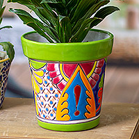 Ceramic flower pot, 'Kiwi Elysium' - Talavera Kiwi Ceramic Flower Pot with Hacienda-Themed Motifs