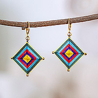 Gold-accented hand-woven dangle earrings, 'Delightful Diamonds' - Multicolored Hand-Woven Dangle Earrings with Gold Accents