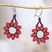 Beaded dangle earrings, 'Blooming Red' - Red Floral Beaded Dangle Earrings Handcrafted in Mexico