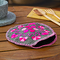 Hand-embroidered felt tortilla holder, 'Taco Time' - Felt Tortilla Holder with Hand Embroidery in Fuchsia & Pink