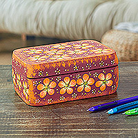 Decorative wood box, 'Secret Summer' - Handcrafted Orange Decorative Wood Box with Floral Details