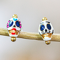 Gold-accented howlite stud earrings, 'To the Afterlife' - Handmade Day of The Dead 14k Gold-Accented Stud Earrings