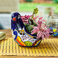 Ceramic flower pot, 'Midnight Coo' - Talavera Midnight Ceramic Pigeon Flower Pot from Mexico