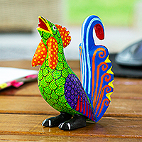 Wood alebrije figurine, 'Impressive Rooster' - Colorful Wood Rooster Alebrije Figurine Painted by Hand