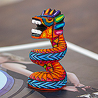 Wood alebrije figurine, 'Glorious Quetzalcoatl' - Copal Wood Quetzalcoatl Serpent Figurine Painted in Orange