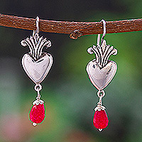Agate dangle earrings, 'Flaming Love' - Heart Sterling Silver Dangle Earrings with Red Agate Beads
