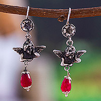 Agate dangle earrings, 'Cherub Passion' - Cherub-Themed Dangle Earrings with Red Agate Beads
