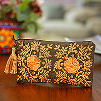 Silk-embroidered satin clutch, 'Garden's Melon Lights' - Hand-Embroidered Floral Melon and Mahogany Satin Clutch