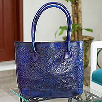 Leather handle bag, 'Blue Baroque' - Floral Blue Leather Handle Bag with Embossed Details