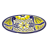Ceramic serving plate, 'Yellow Blooms' - Mexican Talavera Style Ceramic Serving Plate with Flowers