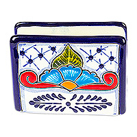Ceramic napkin holder, 'Marvelous Flowers' - Hand-Painted Talavera Blue and Red Ceramic Napkin Holder