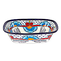 Ceramic serving bowl, 'Marvelous Flowers' - Mexican Talavera Style Ceramic Serving Bowl in Blue and Red