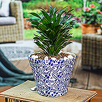 Ceramic flower pot, 'Talavera Leaves' - Hand-Painted Talavera-Style Ceramic Planter with Leaf Motifs