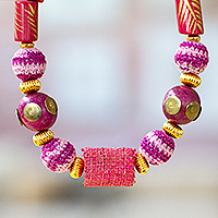 Gold-accented wood beaded necklace, 'Floral Duo' - Gold-Accented Fuchsia and Purple Wood Beaded Necklace