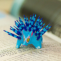 Wood alebrije figurine, 'Cute Porcupine in Sky Blue' - Hand-Painted Wood Alebrije Porcupine Figurine in Blue