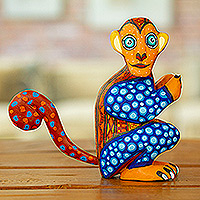 Wood alebrije figurine, 'Playful Soul in Brown' - Painted Brown and Blue Copal Wood Alebrije Monkey Figurine