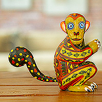Wood alebrije figurine, 'Playful Soul' - Geometric Brown Copal Wood Alebrije Monkey Figurine