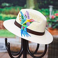 Leather-accented cotton hat, 'Jolly Spirit' - Hand-Painted Hummingbird-Themed Leather-Accented Cotton Hat