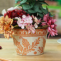 Ceramic flower pot, 'Orange Floral Mystique' - Talavera-Style Floral Ceramic Planter in Ivory and Orange