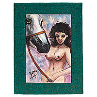 'Brunette Woman with Horse' - Signed Expressionist Watercolor Painting of Woman and Horse