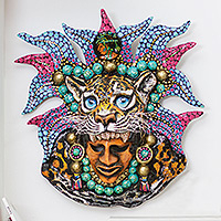 Lacquered papier mache mask, 'Jaguar God' - Mexican Jaguar Handmade Lacquered Papier Mache Mask