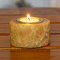 Onyx tealight candleholder, 'Ethereal Evening' - Round Natural Onyx Tealight Candleholder in Caramel Hues