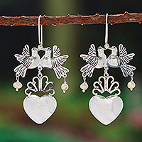 Cultured pearl chandelier earrings, 'Bird Heart' - Taxco 925 Silver Cultured Pearl Bird Chandelier Earrings