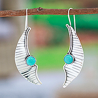 Turquoise drop earrings, 'Contemporary Moon' - Modern Moon Themed Taxco 925 Silver Turquoise Drop Earrings