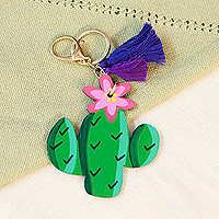 Wood keychain and bag charm, 'Adorable Prickly Pear' - Hand-Painted Wood Prickly Pear Themed Keychain and Bag Charm
