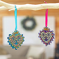 Wood ornaments, 'Shimmering Heart' (pair) - 2 Hand-Painted Heart-Shaped Wood Ornaments with Ribbons