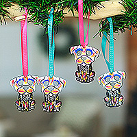 Wood ornaments, 'Day of the Dead Dog' (set of 4) - 4 Wood Day of the Dead Skeleton Dog Ornaments with Ribbons