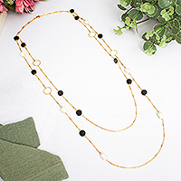 Gold-plated cultured pearl and onyx long station necklace, 'Dual Glam' - Gold-Plated Cultured Pearl and Onyx Long Station Necklace