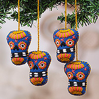 Embroidered felt ornaments, 'Azure Skulls' (set of 4) - Set of 4 Embroidered Azure and Strawberry Skull Ornaments